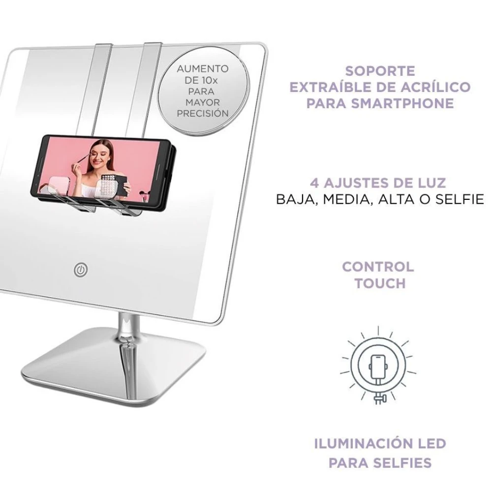 Conair Espejo de Halo Cuadrado 1x-10x con Luz LED para Maquillaje y Contenido - Image 8