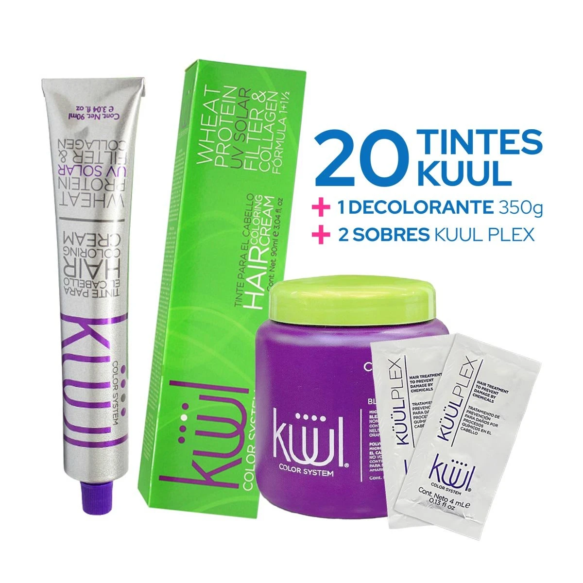 Paquete 20 Tintes para Cabello Kuul + Decolorante 350g + 2 Sobres Kuul Plex
